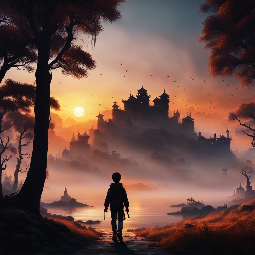 Silhouette Boy Walks Towards Sunset: Matte Painting