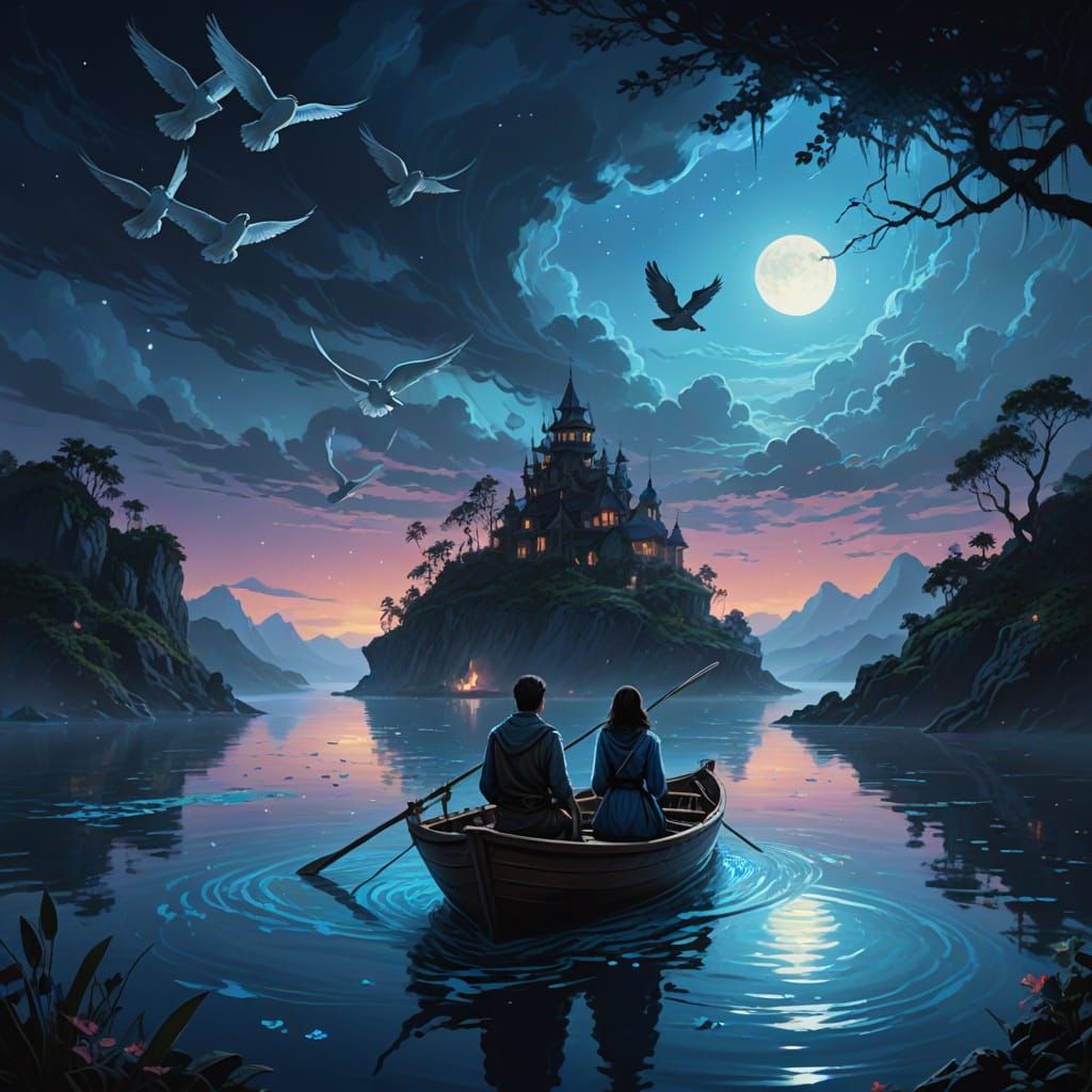 Surreal Digital Painting of Family on Dark Ocean