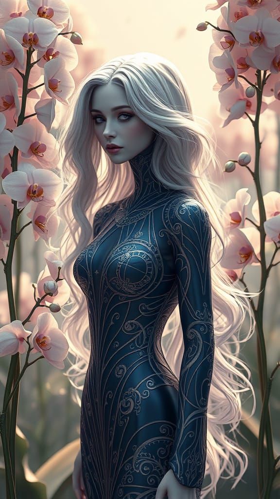 Ethereal Android in Art Nouveau Garden of Metallic Orchids