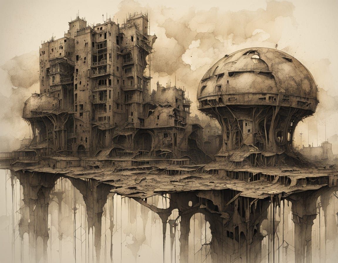 Crumbling Metropolis in Ink and Watercolor