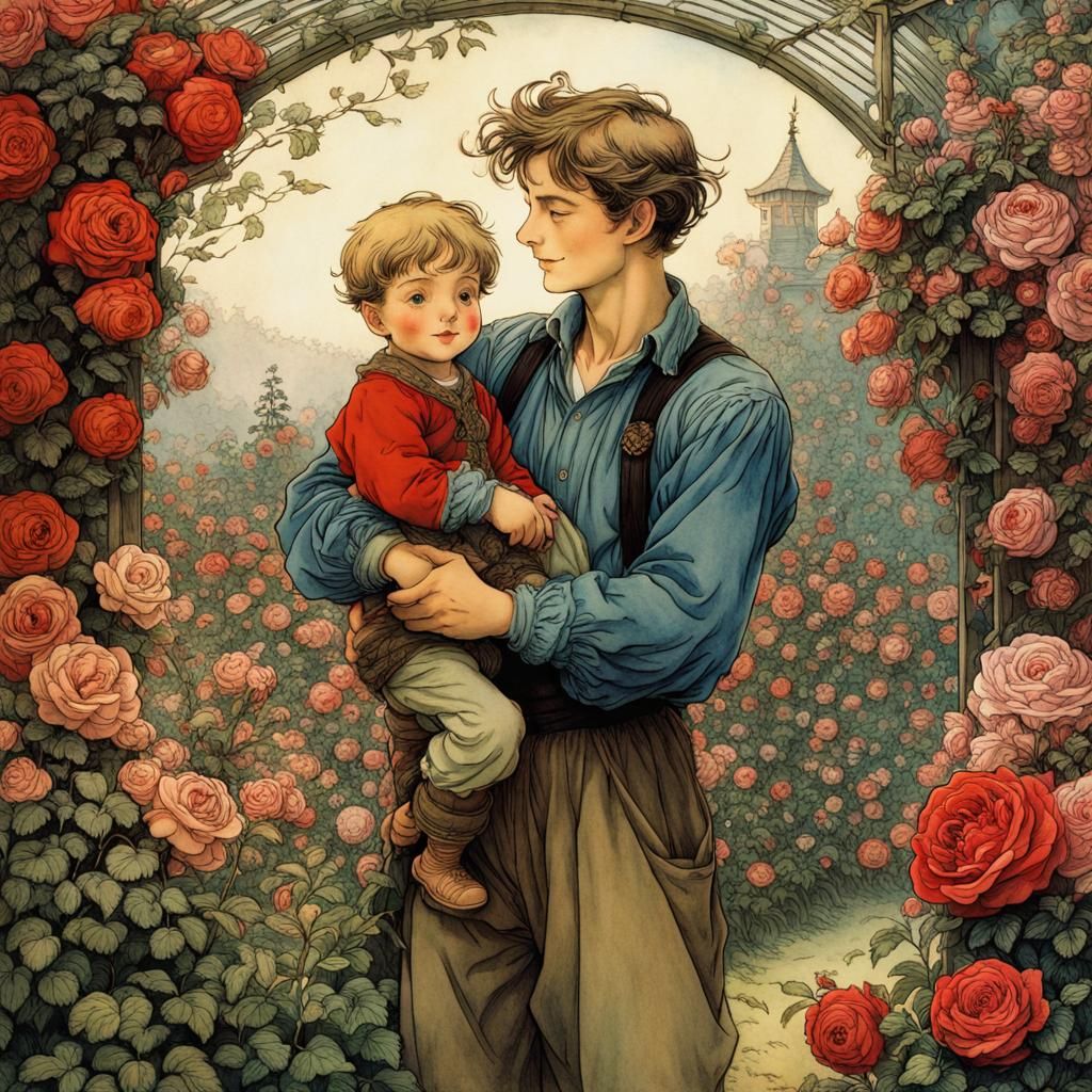 Father and Son in Rose Garden, Anime Style