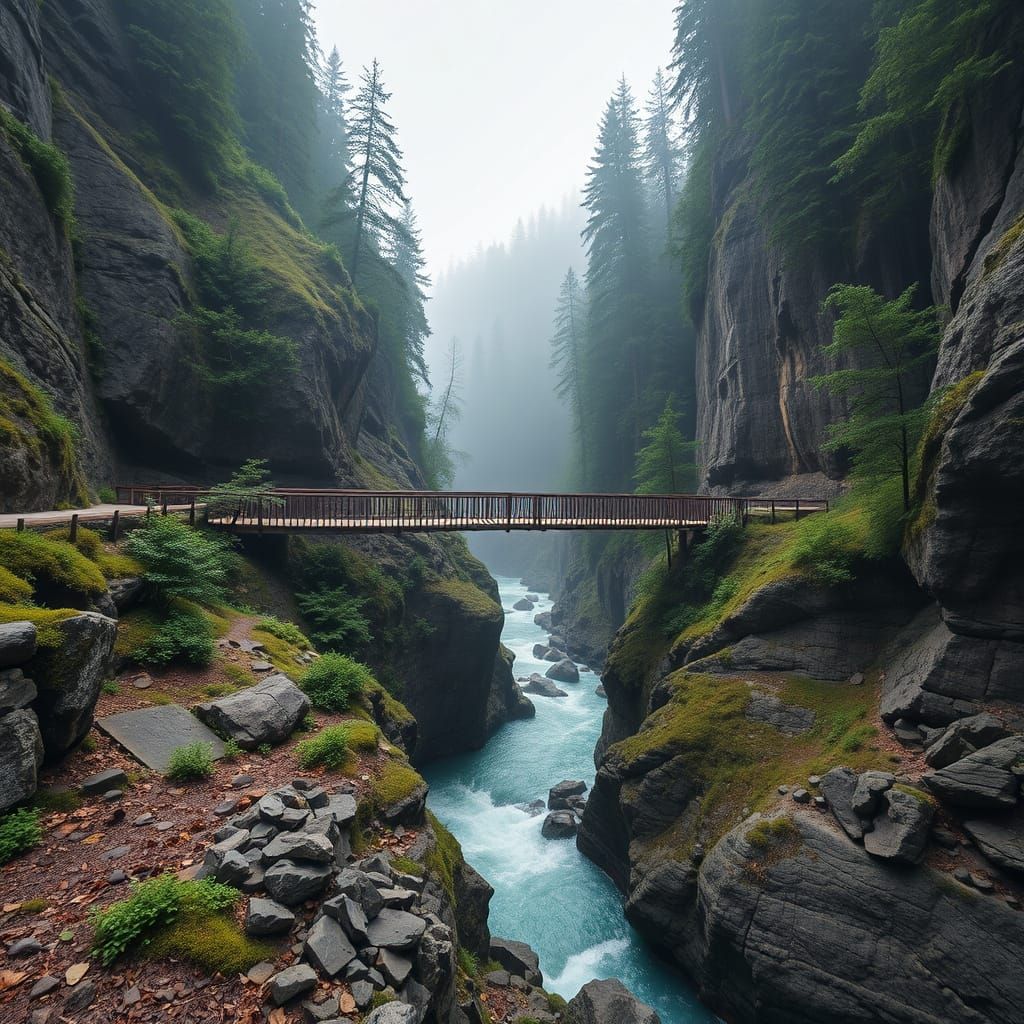 Ethereal Spiral Bridge Over Majestic Wooden Gorge