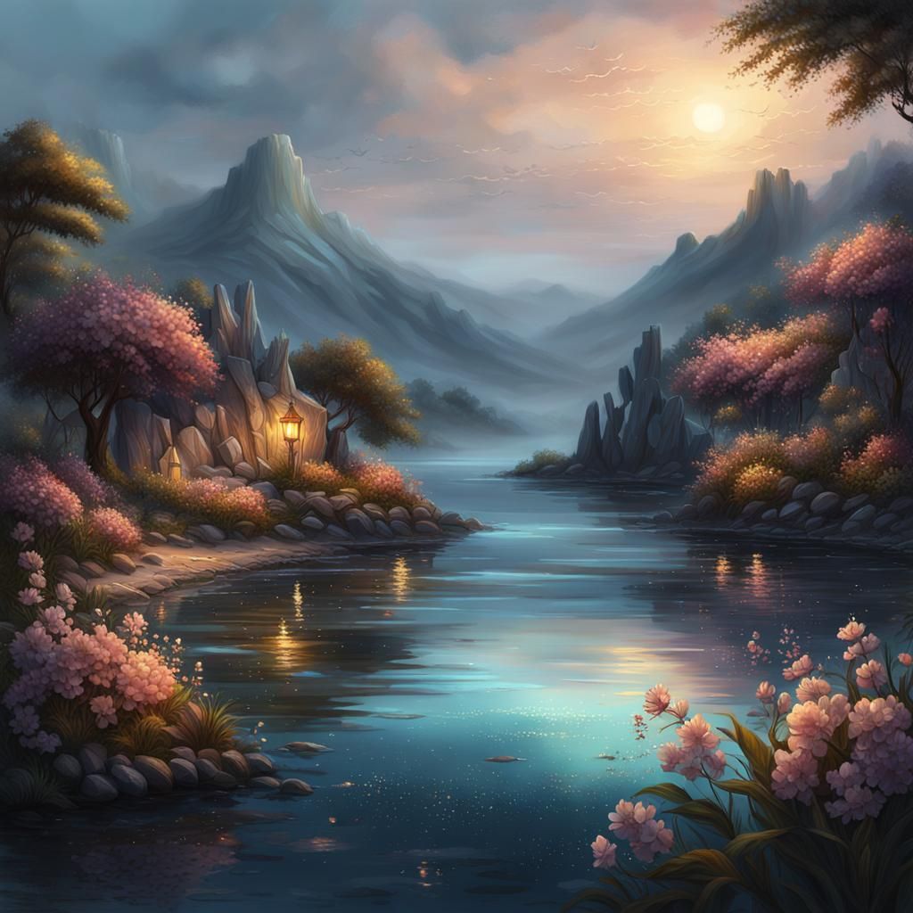 Fantasy Evening Landscape in Digital Painting Style