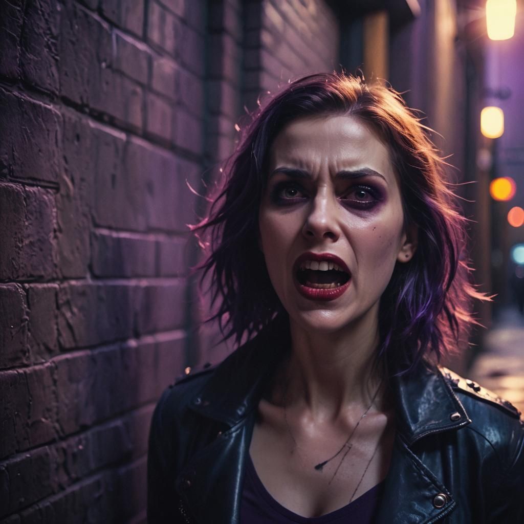Dramatic Vampire Woman in Dark Alley: Cinematic Film Still