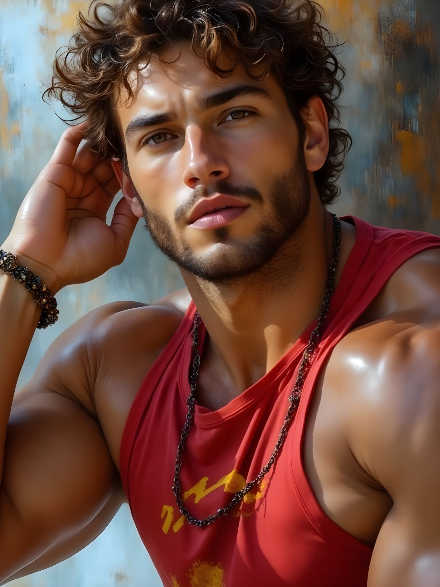Muscular Man in Red Tank Top, Painterly Style