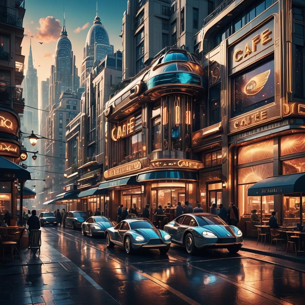 Futuristic Art Deco Cityscape with Flying Cars