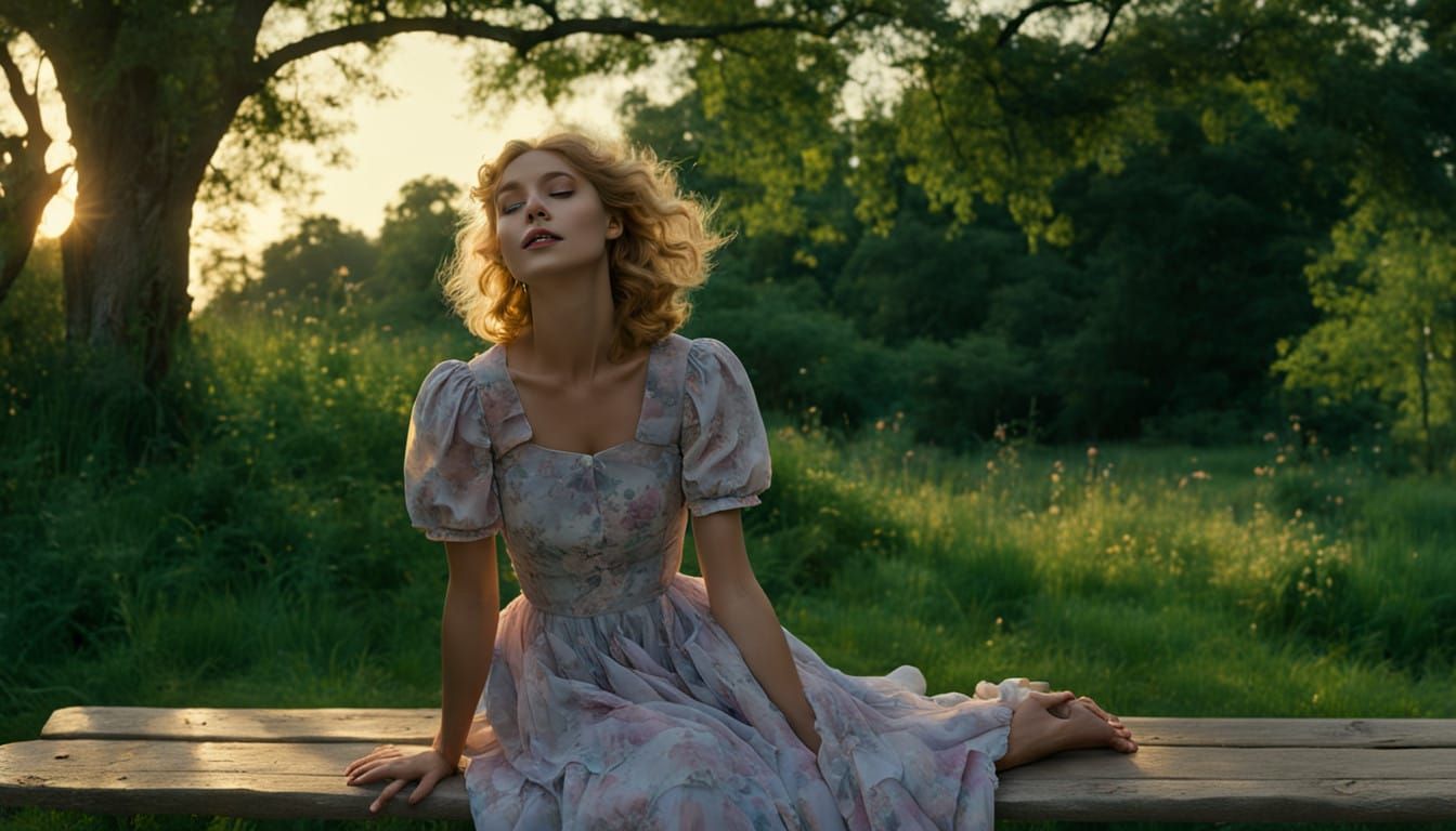 Serenely Seated Blonde Woman in Floral Dress under Dappled T...