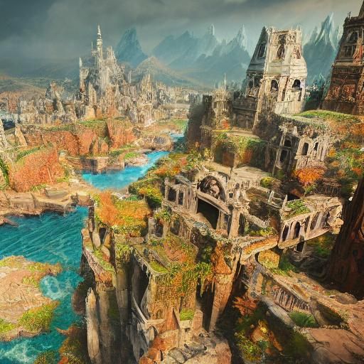 Fantasy Warrior Overlooks Ruined Cityscape