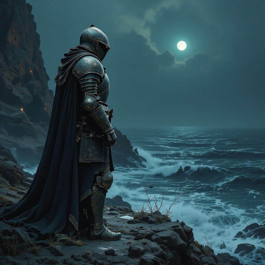 Knight in Barnacle Armor Overlooking Dark Sea