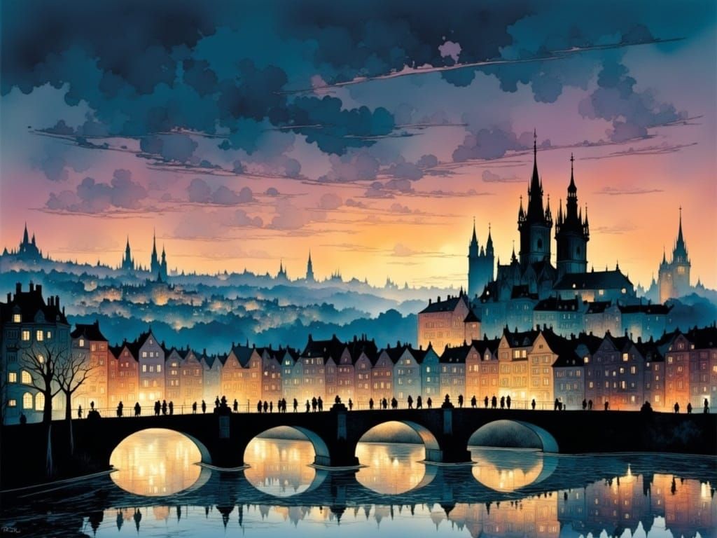 Prague Cityscape in Warm Evening Light