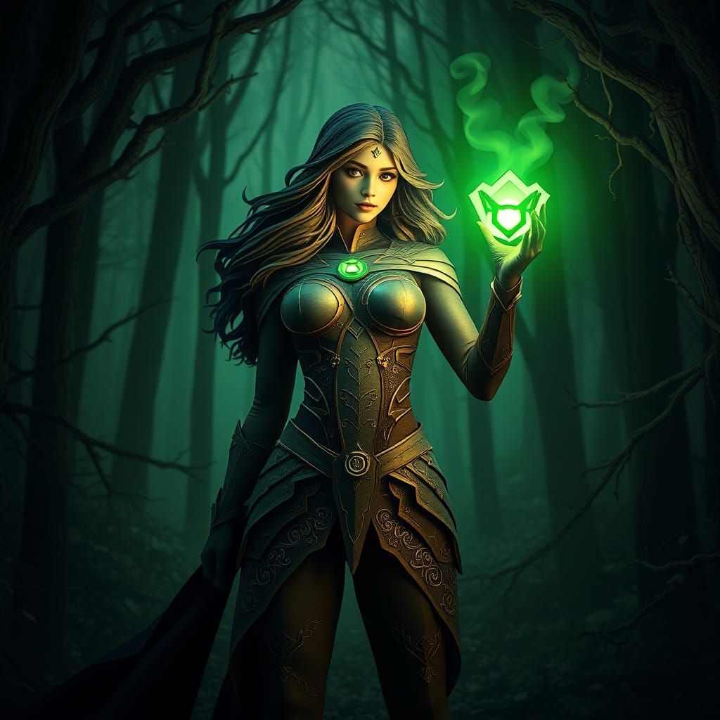 Green Lantern Heroine in Mystical Forest