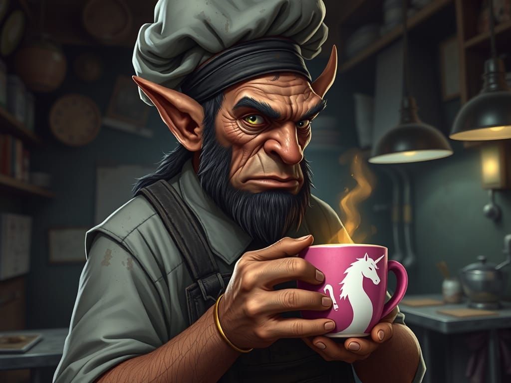 Orc Chef in Dingy Diner Kitchen with Unicorn Coffee Cup