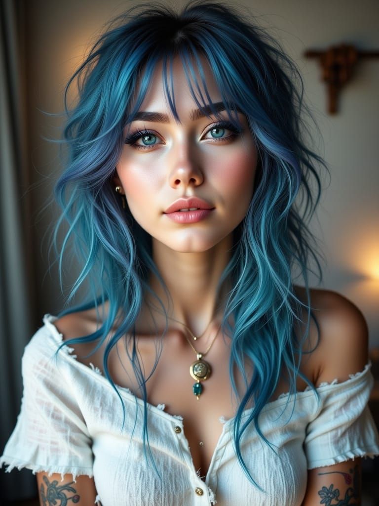 Young Woman with Blue Hair and Ripped Denim Shorts