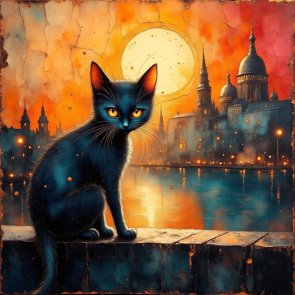Regal Cat Portrait in Sunset Cityscape Oil Painting
