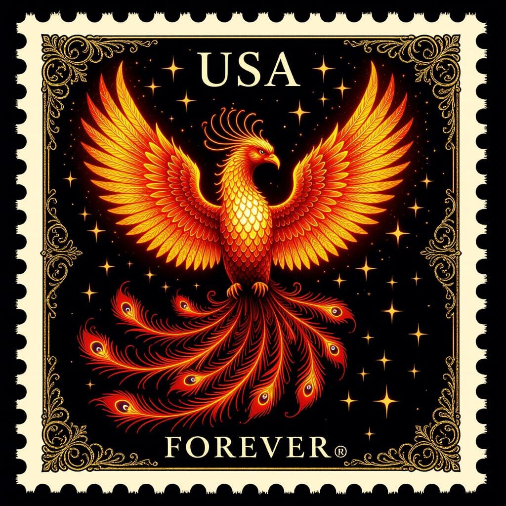 Mythical Phoenix on US Postage Stamp in Baroque Style