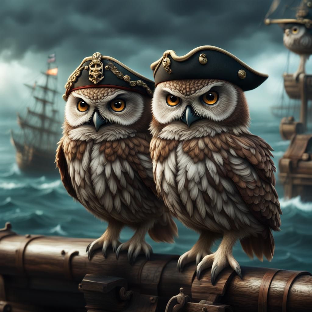 Two Little Owls Dressed as Pirates