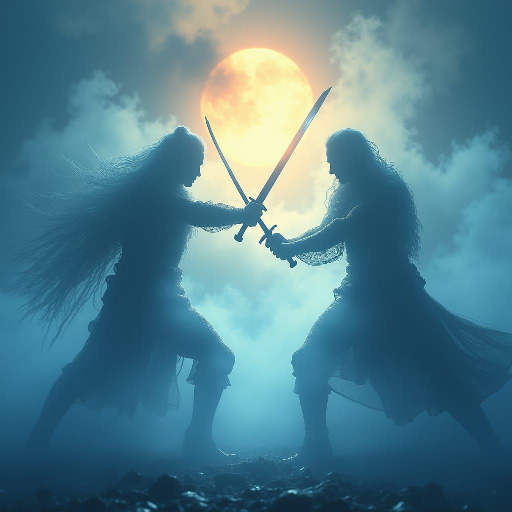 Ethereal Warriors Clash Swords in the Sky