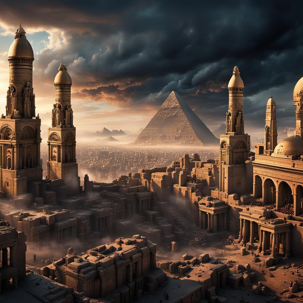 Steampunk Neo-Gothic Egyptian Necropolis in Golden Hour