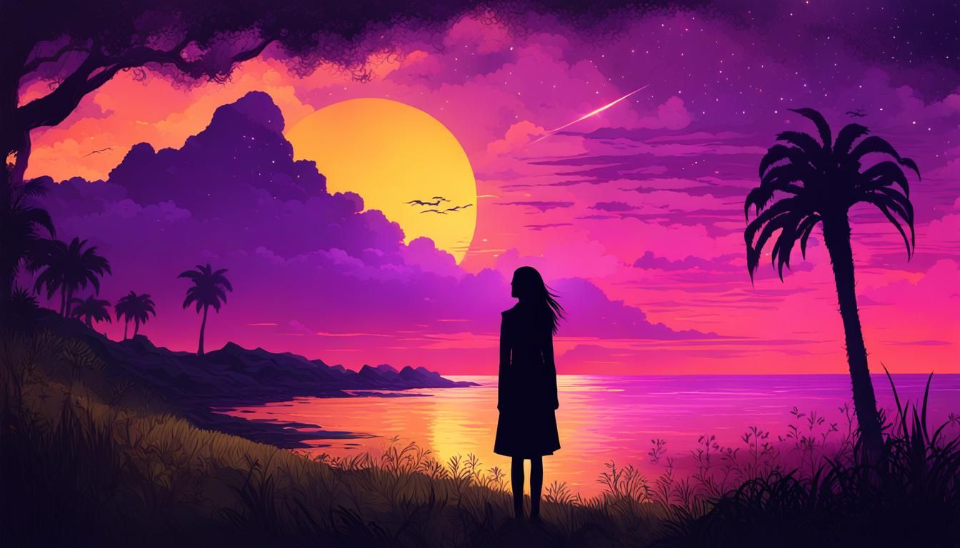Galactic Sunset Silhouette in Digital Art Style