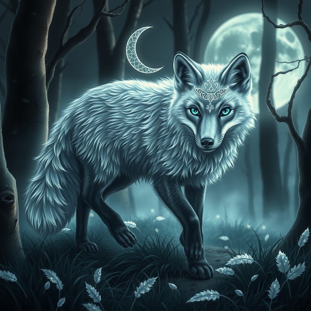 Mystical Lunar Fox Emerges in Moonlit Forest