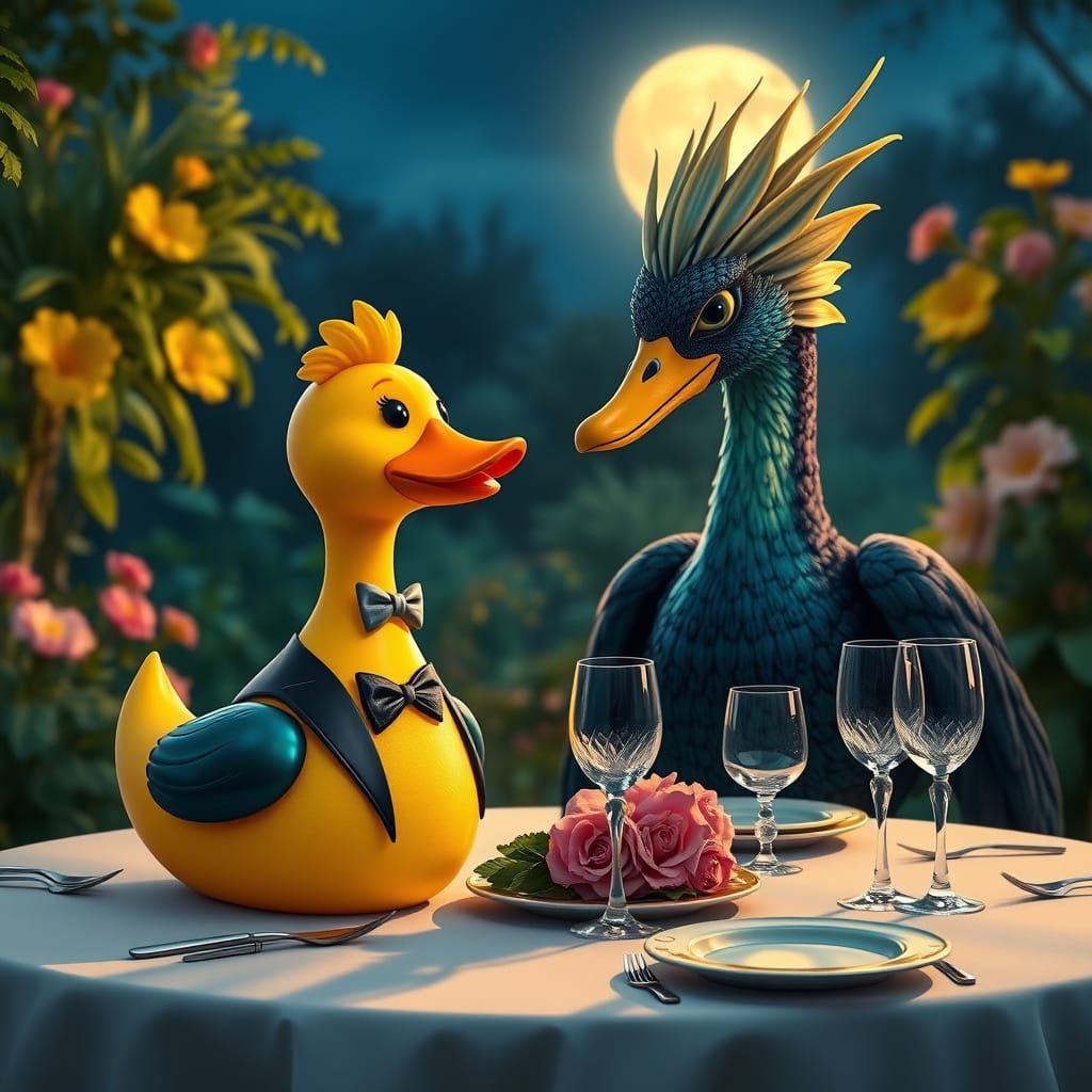 Whimsical Rubber Duck Dines with Majestic Drake in Moonlit G...