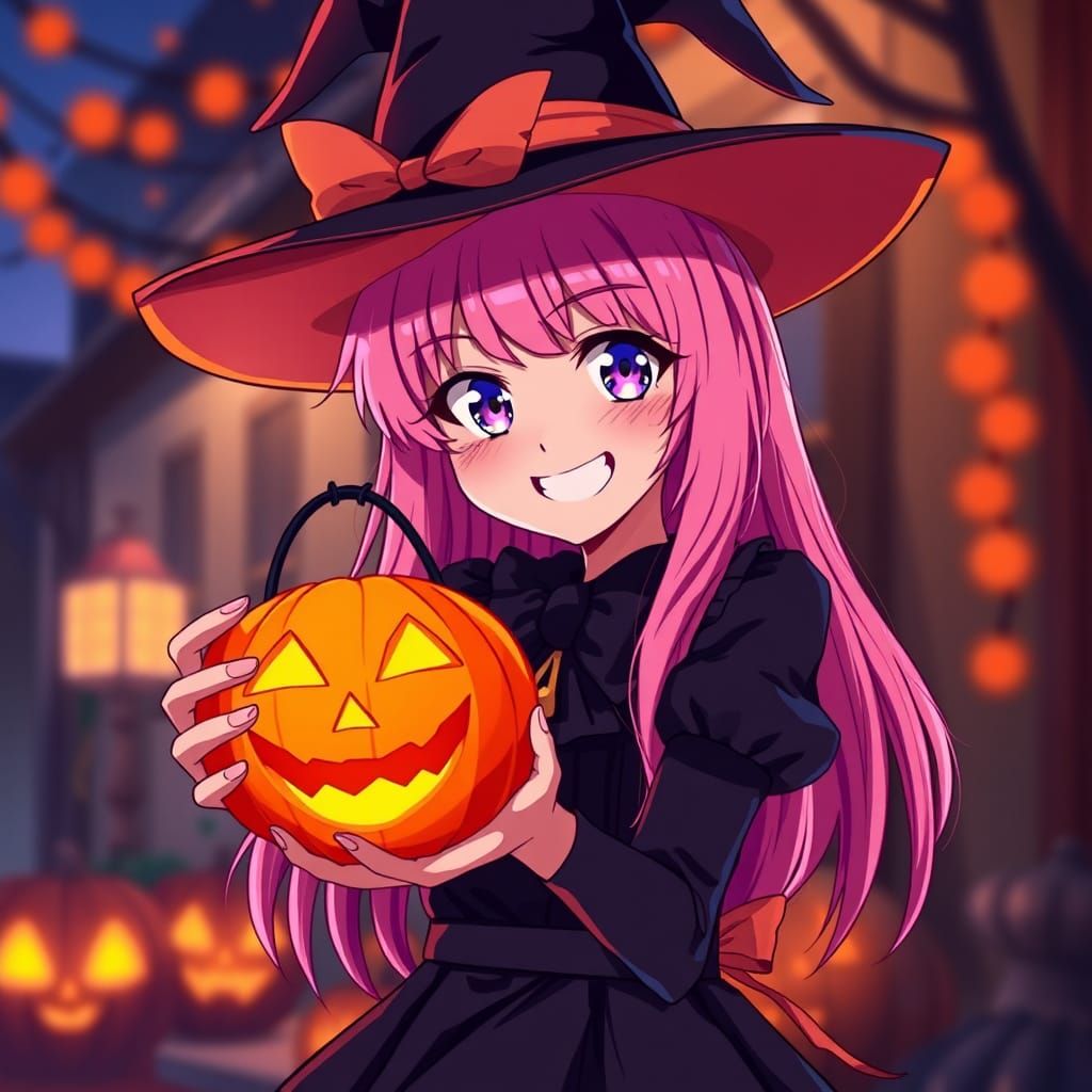 Anime Witch Girl on Halloween Night