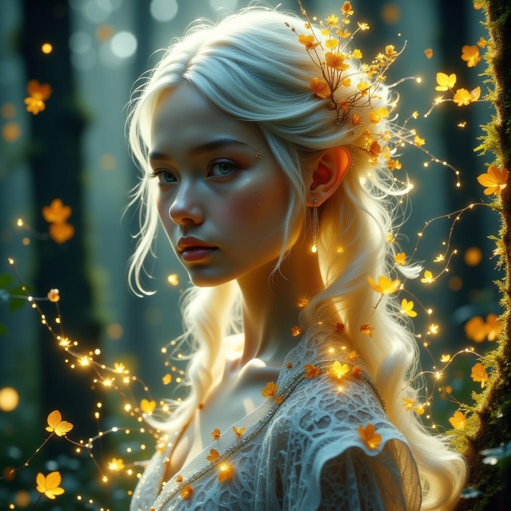 Elf Portrait in Magical Forest with Fairies