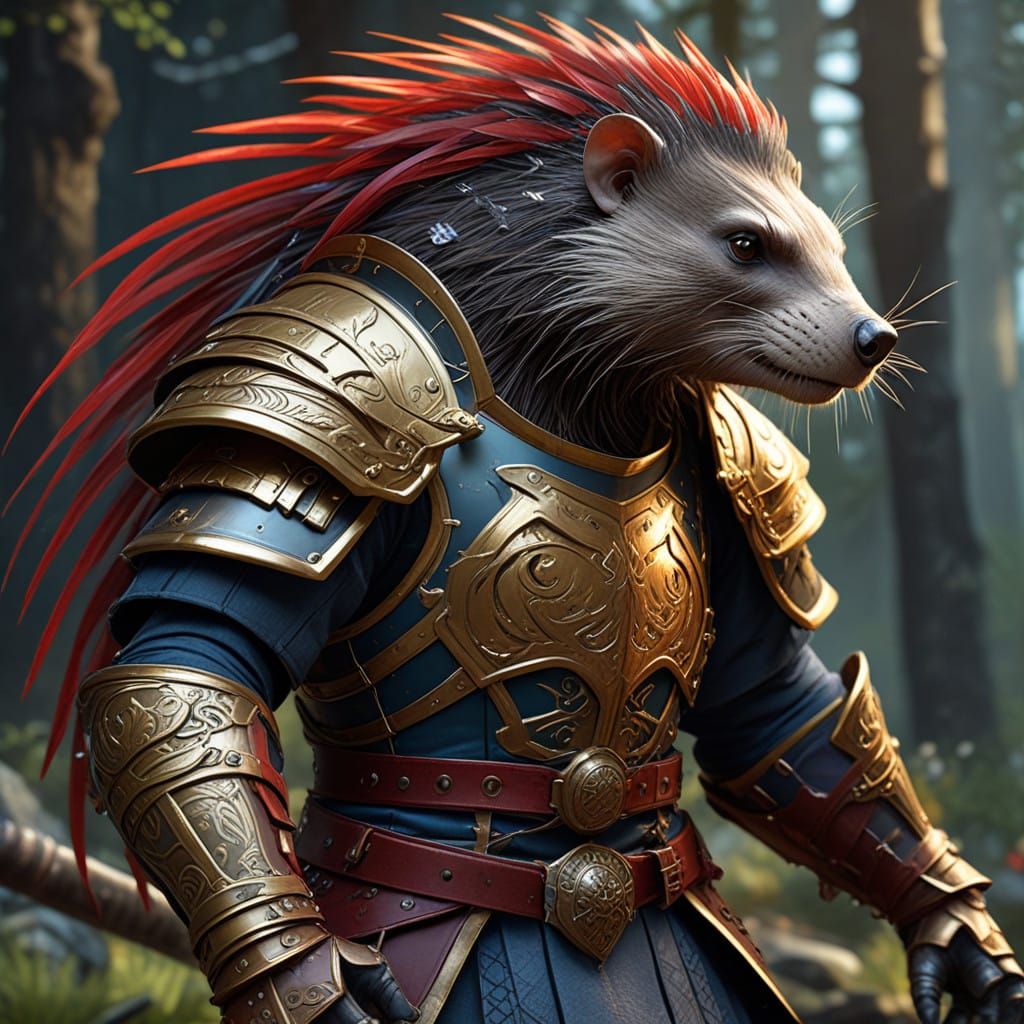 Majestic Porcupine Warrior in Epic Battlefield Pose