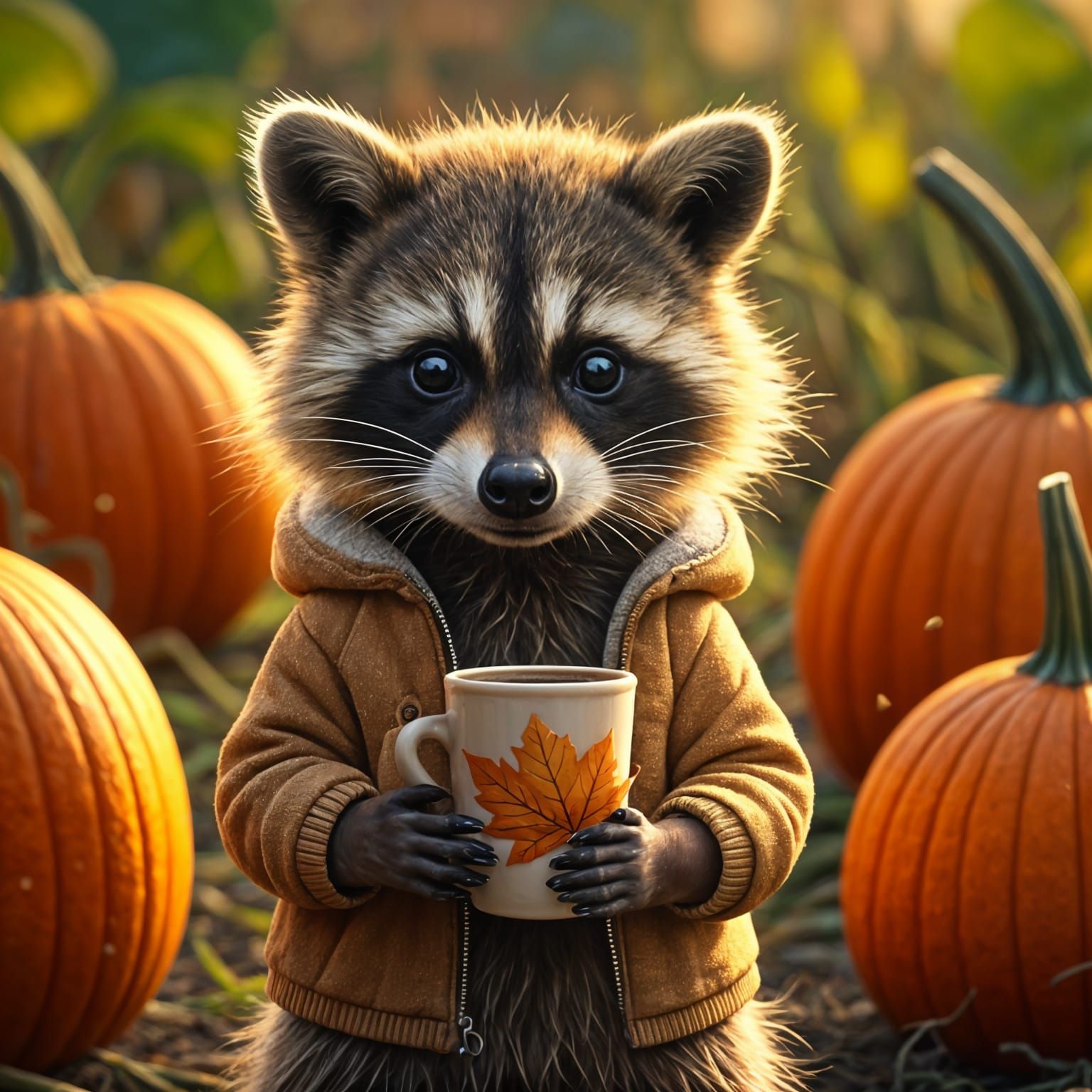 Baby Raccoon Enjoys Coffee in Pumpkin Patch