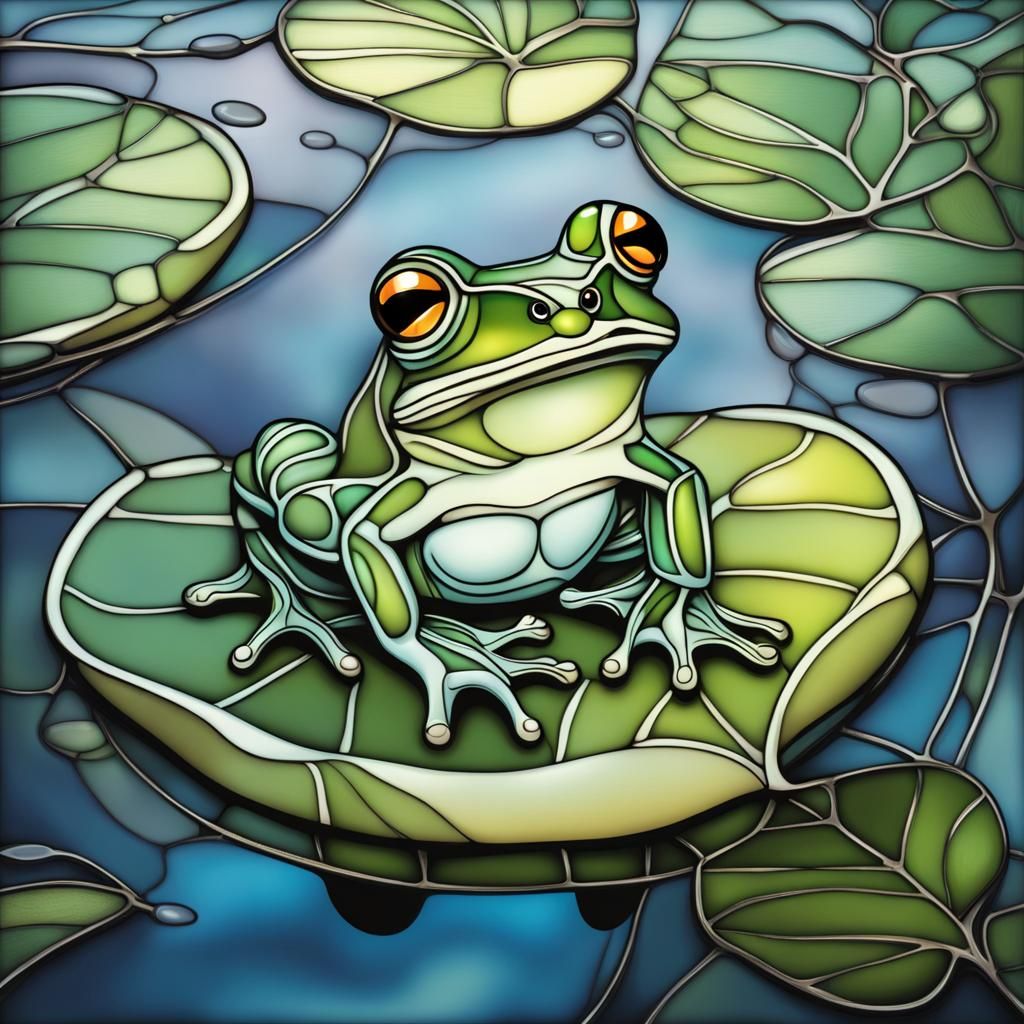Frog on Leaf in Water, Stained Glass Style