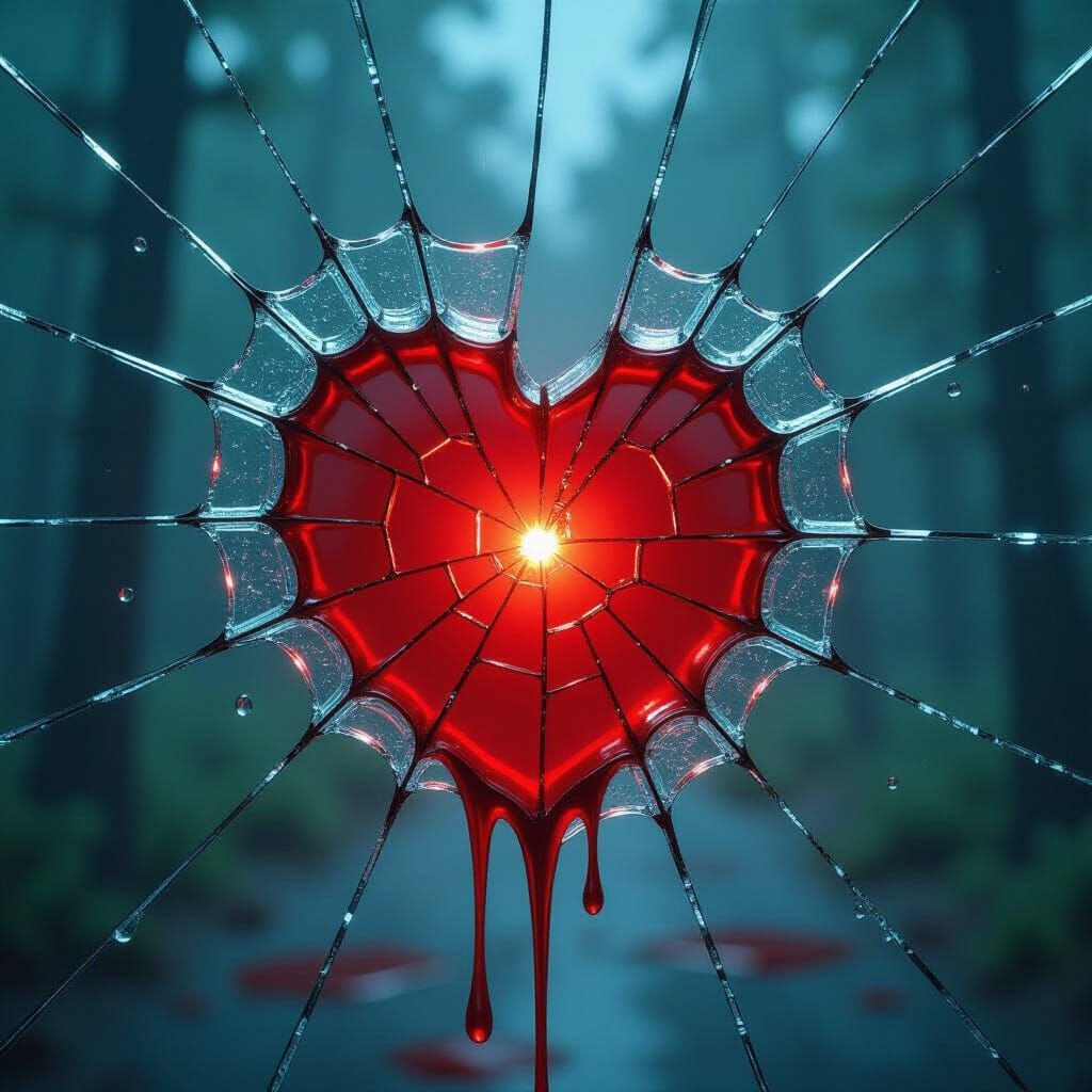 Shattered Glass Heart: Bullet Hole in Hyperrealistic Style