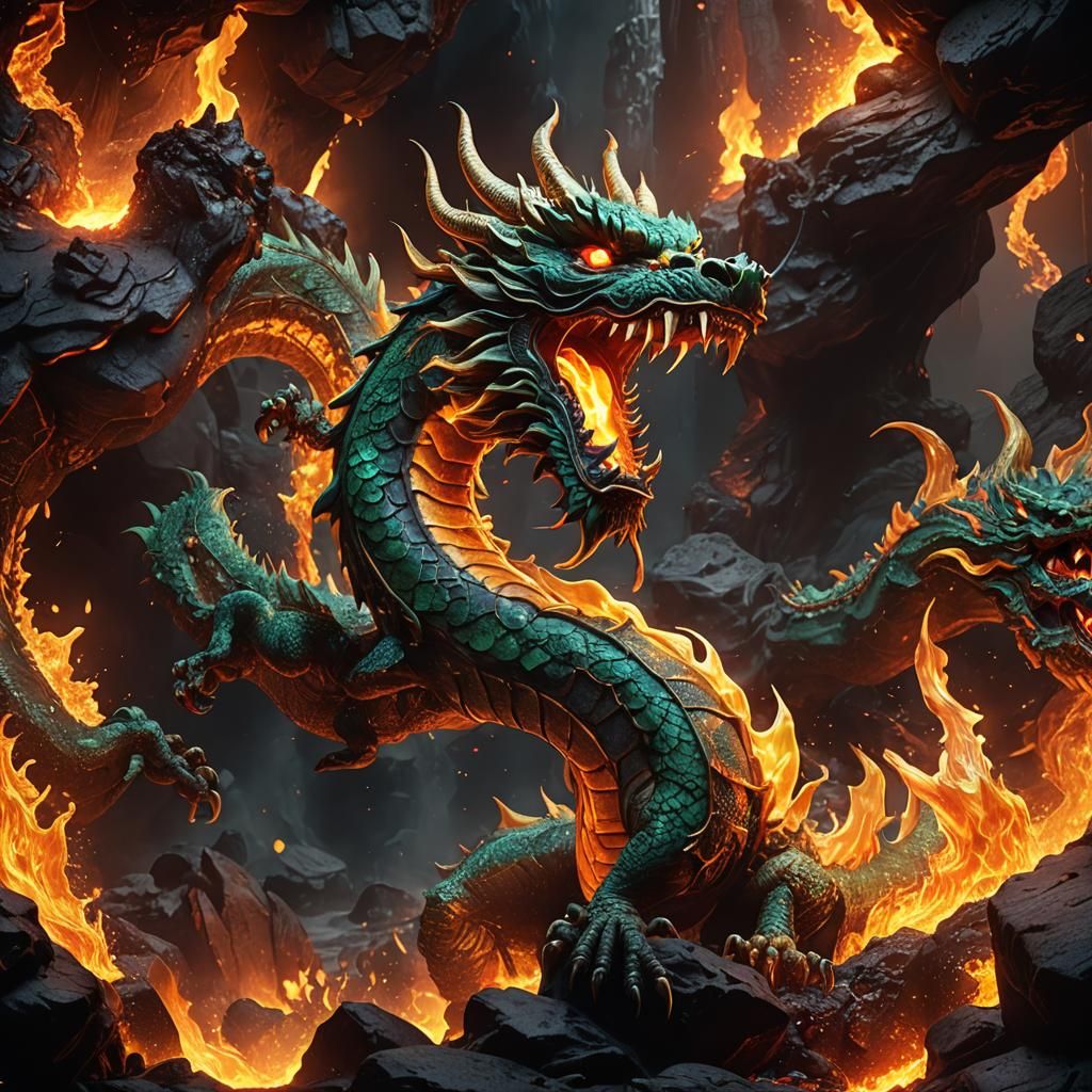 Fiery Chinese Dragon in Mystical Lava Cave