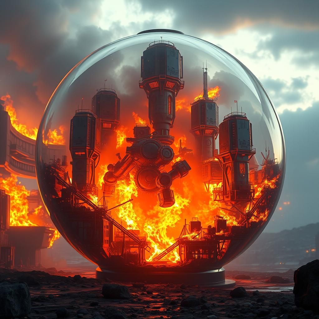 Dystopian Metropolis Ablaze in Glass Ball
