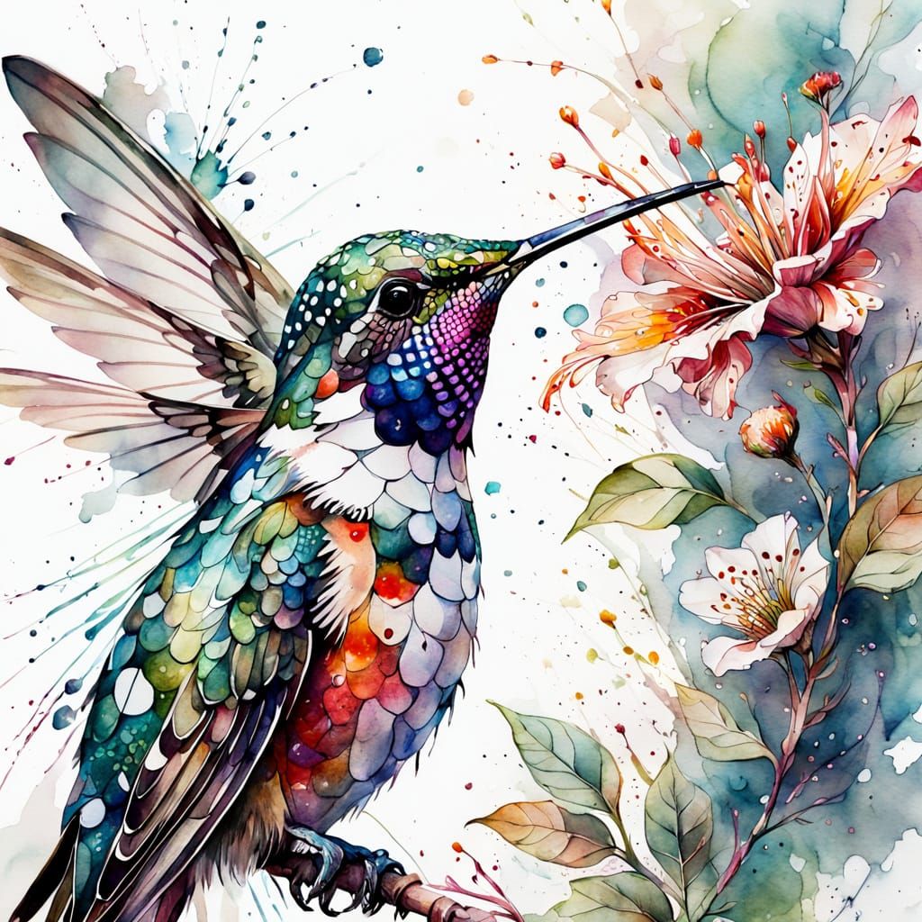 Polka-Dot Hummingbird Sips Nectar: Watercolor Art