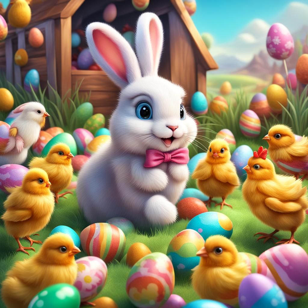 Easter Bunny and Chickens in Candy Art Style