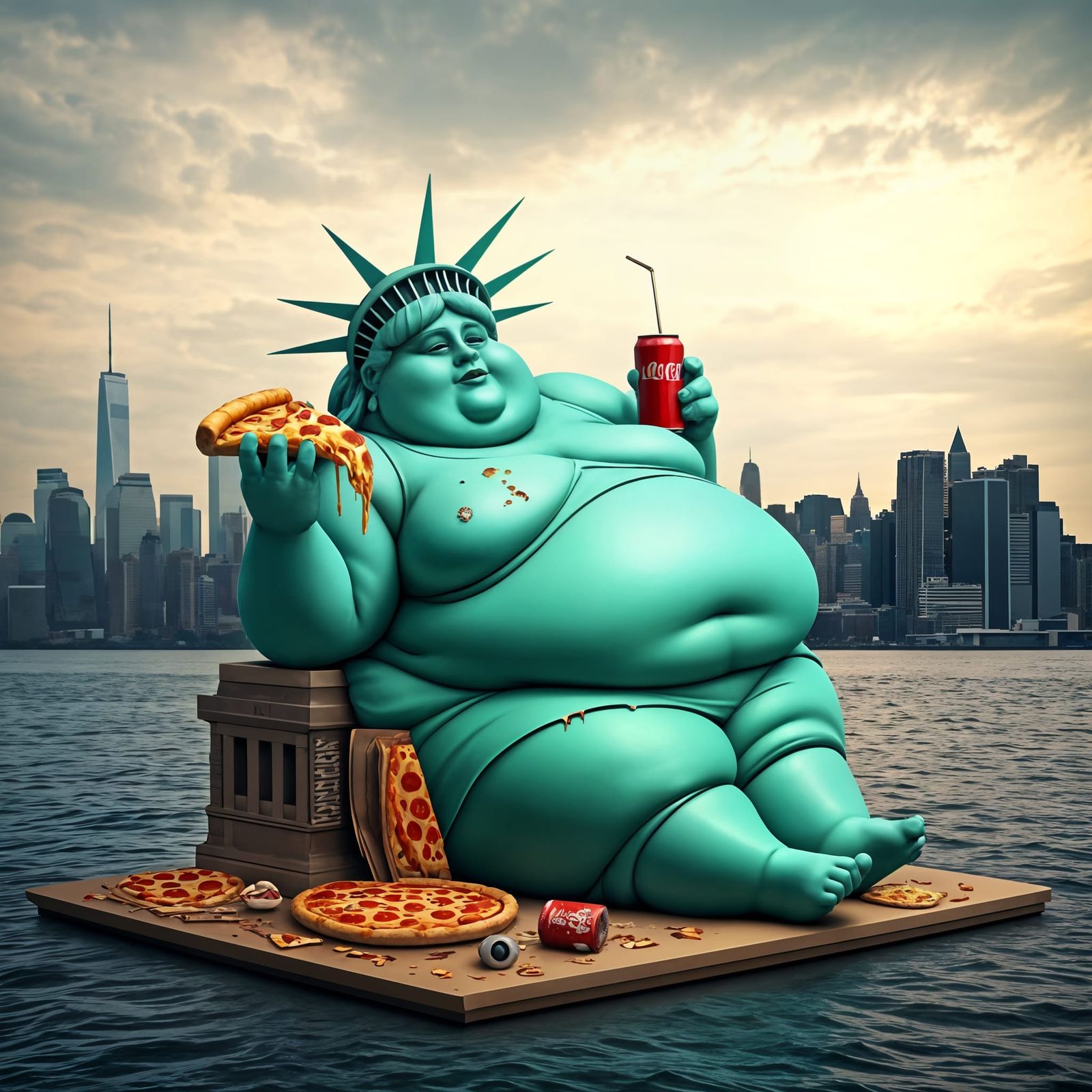 Obese Statue of Liberty Reclining with Pizza, 3D Render