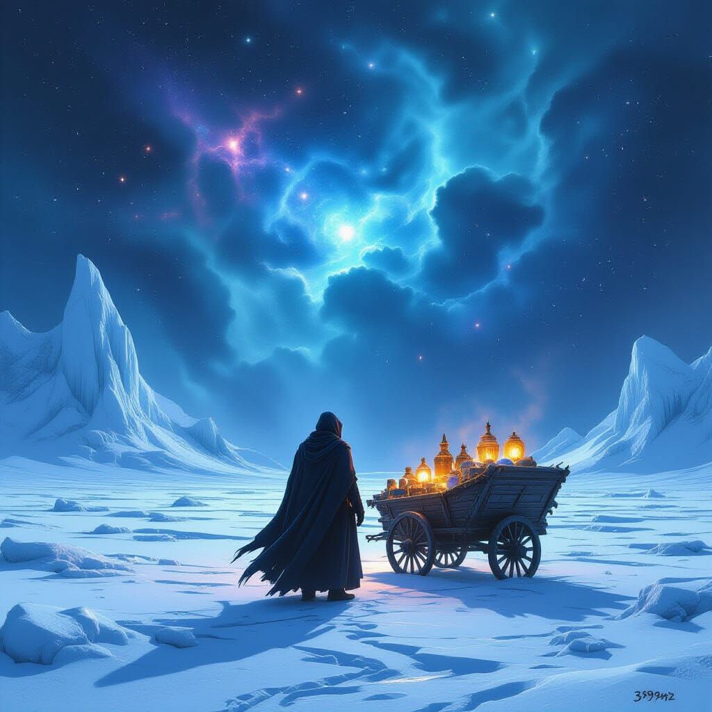 Cloaked Trader on Snowy Plain Under Cosmic Sky