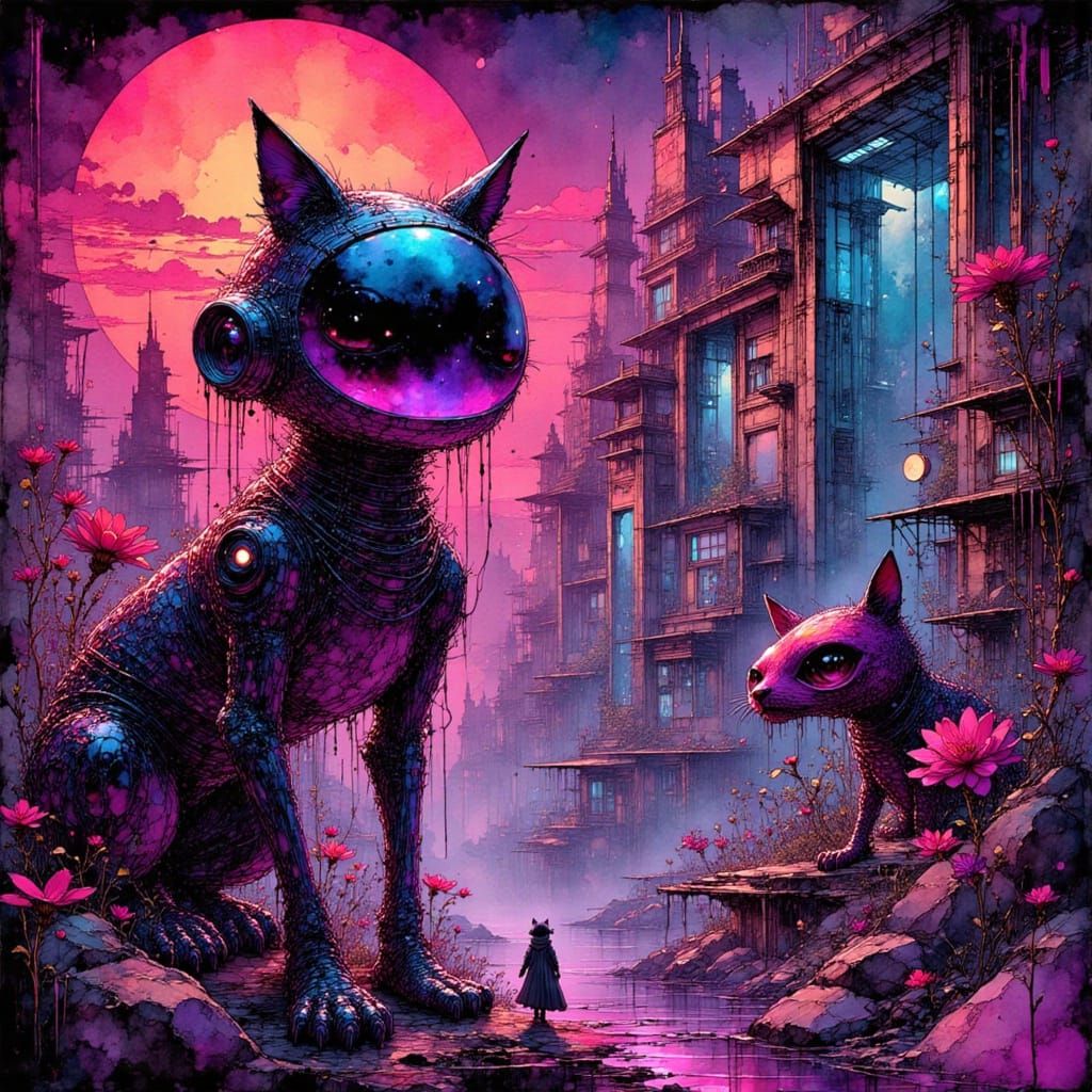 Carnelian Android Leopards in Cyberpunk Cityscape