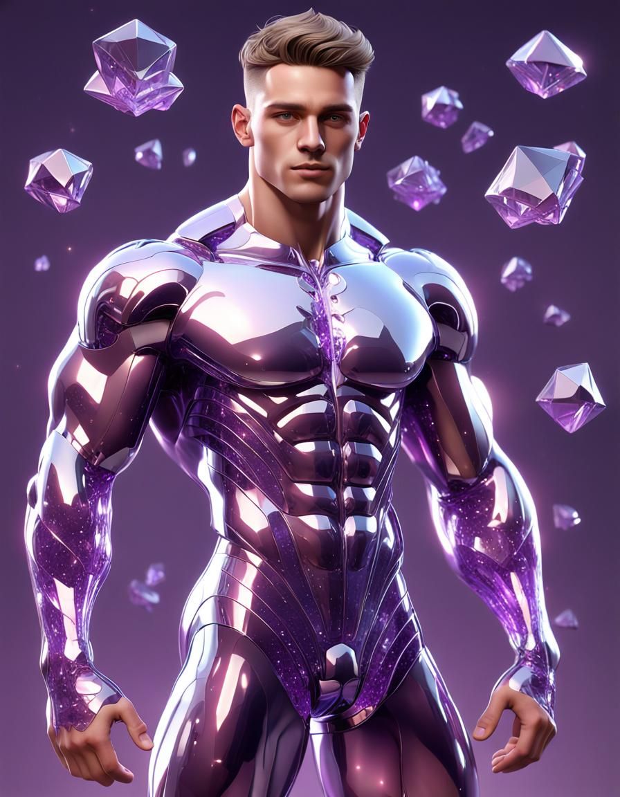 Handsome Man in Cosmic Glass Outfit: Photorealistic