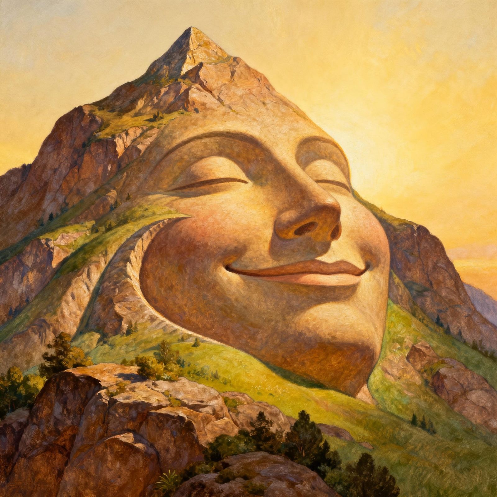 Smiling Mountain Landscape as Fantasy Oil Painting