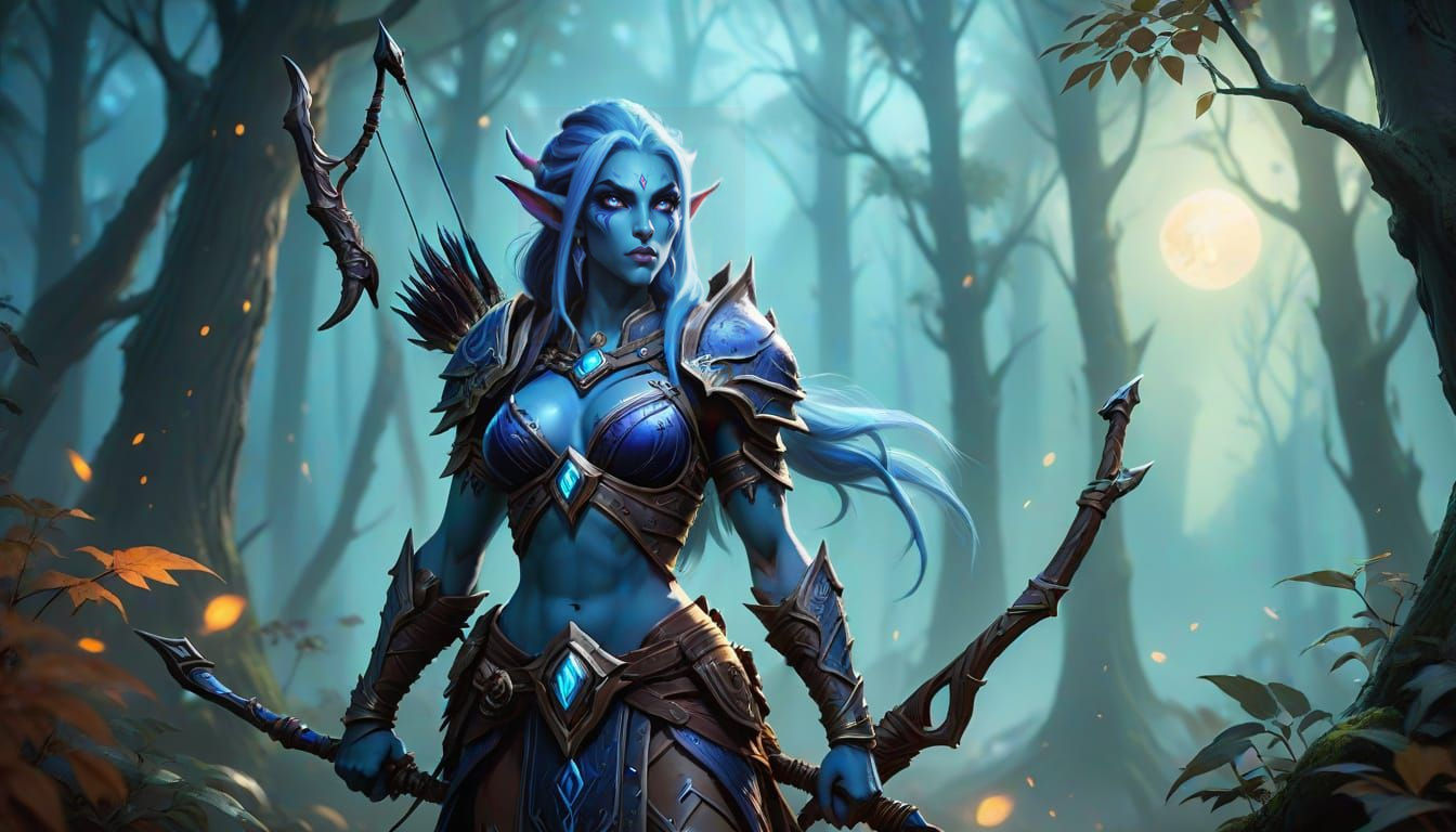 Ethereal Blue Night Elf Huntress in WoW Style