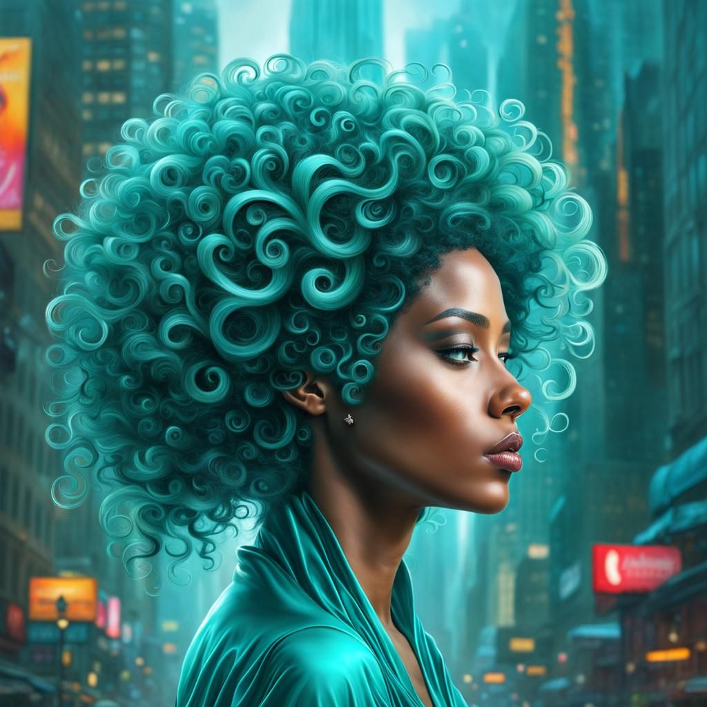 Teal Afro Woman: City of Freedom Concept