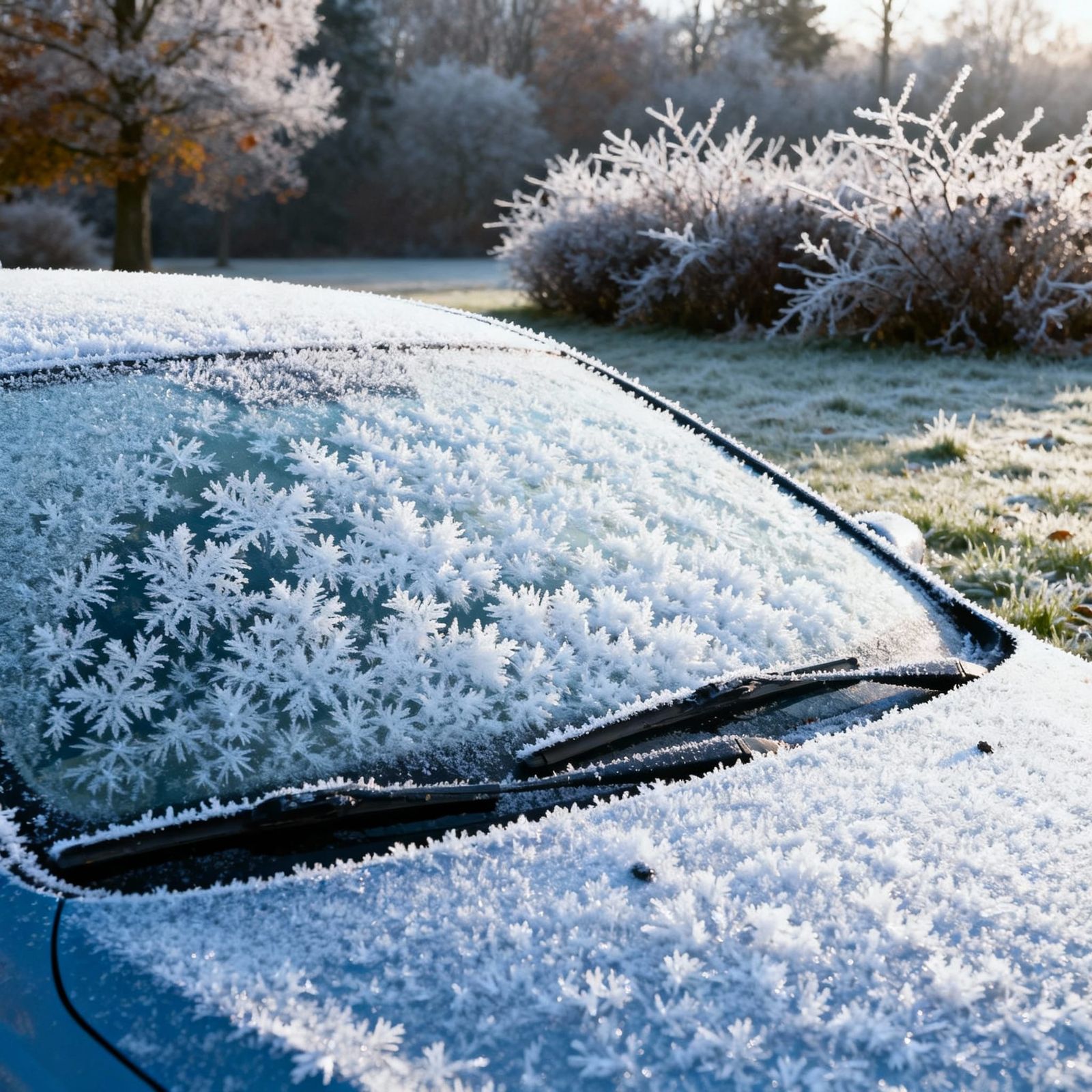 Autumn Morning Frost on Car and Landscape