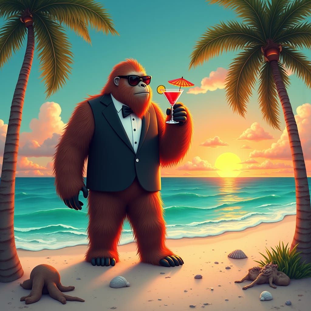 Sasquatch Sipping Martini on Beach at Sunset