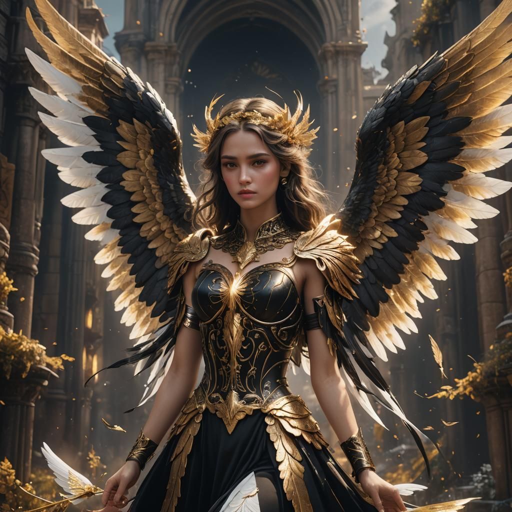 Guardian Angel in Black and Gold, Detailed Painting