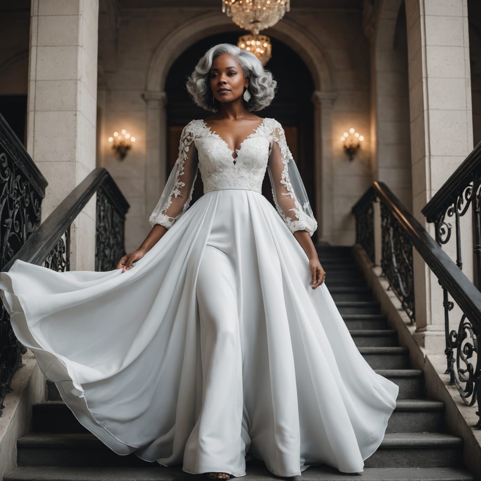 Elegant Woman with Grey Hair on Royal Stairway