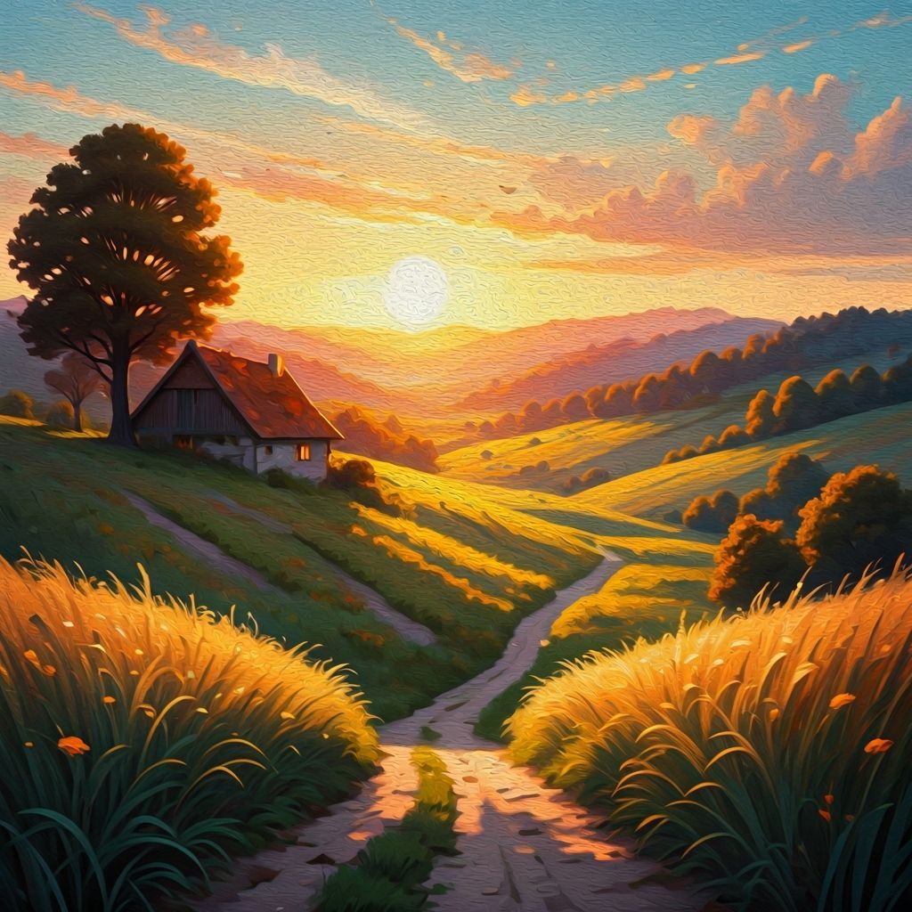 Impressionistic Sunset Over Rolling Hills with Rustic Cottag...