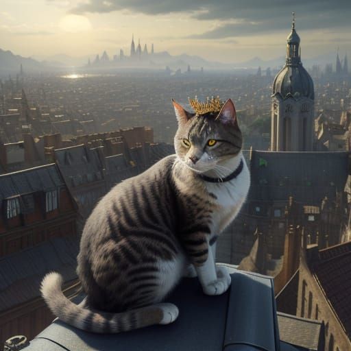 Regal Cat on Rooftop in Cinematic Cityscape