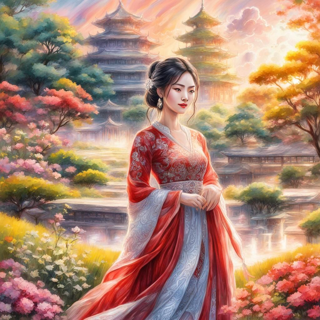 Pencil Sketch of a Beautiful Asian Woman in a Red dress