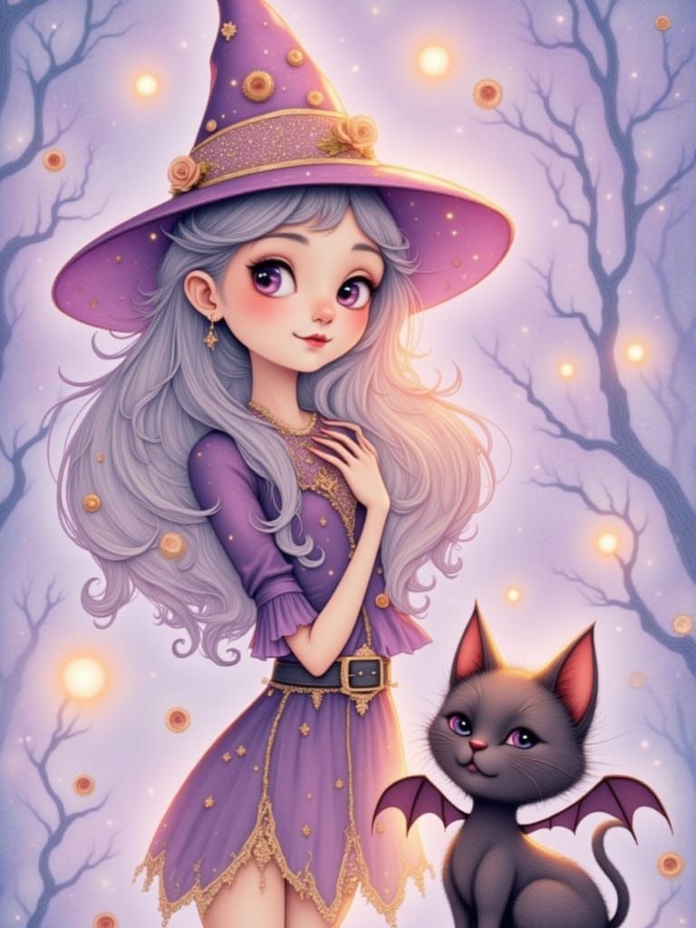 Adorable Young Witch with Kitten in Moonlit Forest
